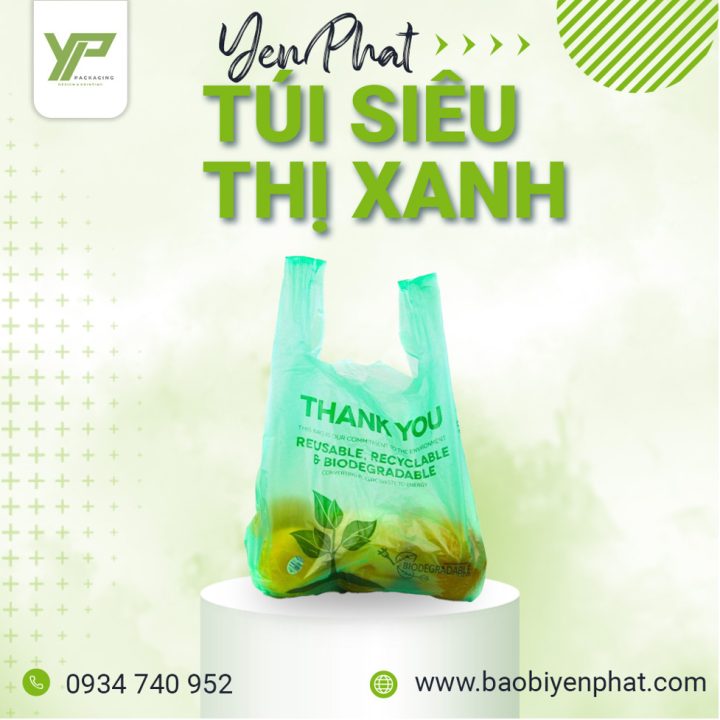 Mẫu túi siêu thị in tự huỷ sinh học màu xanh