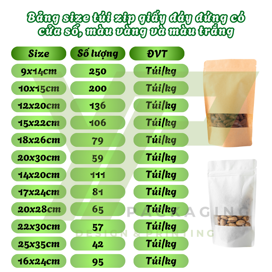 Kích thước túi zip giấy đáy đứng có cửa sổ