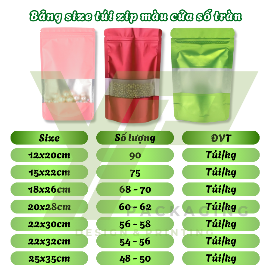 Kích thước túi zip màu cửa sổ tràn