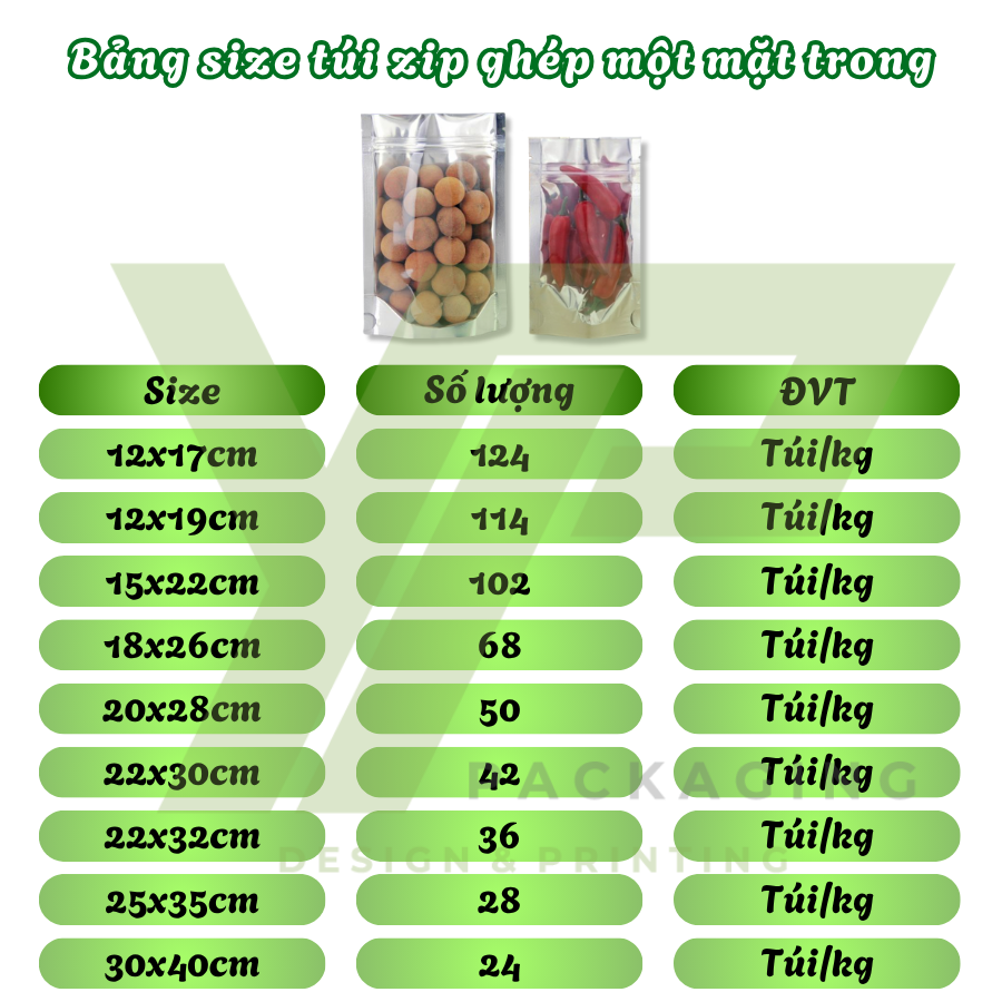 Kích thước túi zip ghép một mặt trong