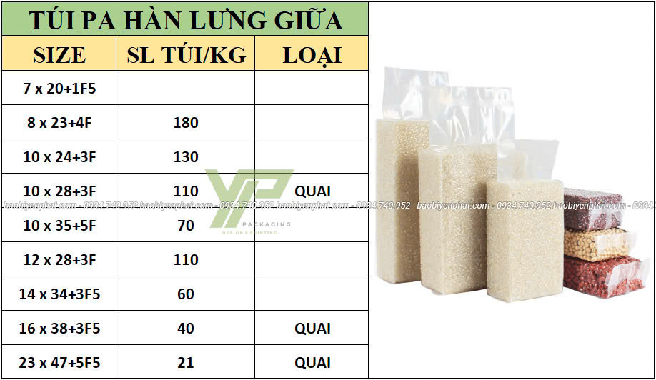 Bảng kích thước túi PA hàn lưng giữa